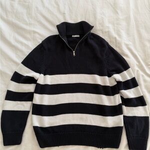 Zara Men's Blue and White Striped Zip-Up Sweater